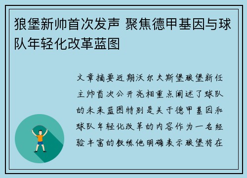 狼堡新帅首次发声 聚焦德甲基因与球队年轻化改革蓝图