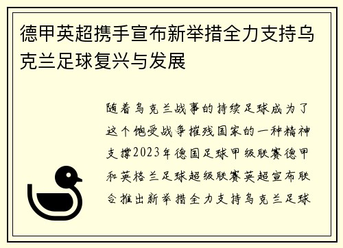 德甲英超携手宣布新举措全力支持乌克兰足球复兴与发展