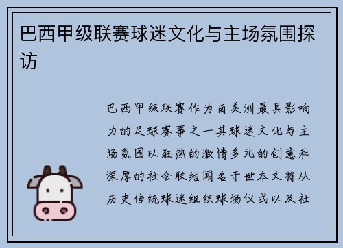 巴西甲级联赛球迷文化与主场氛围探访
