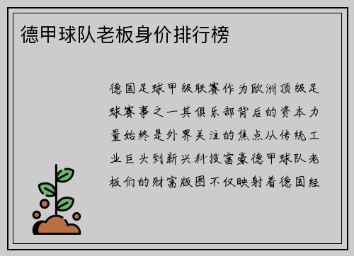 德甲球队老板身价排行榜